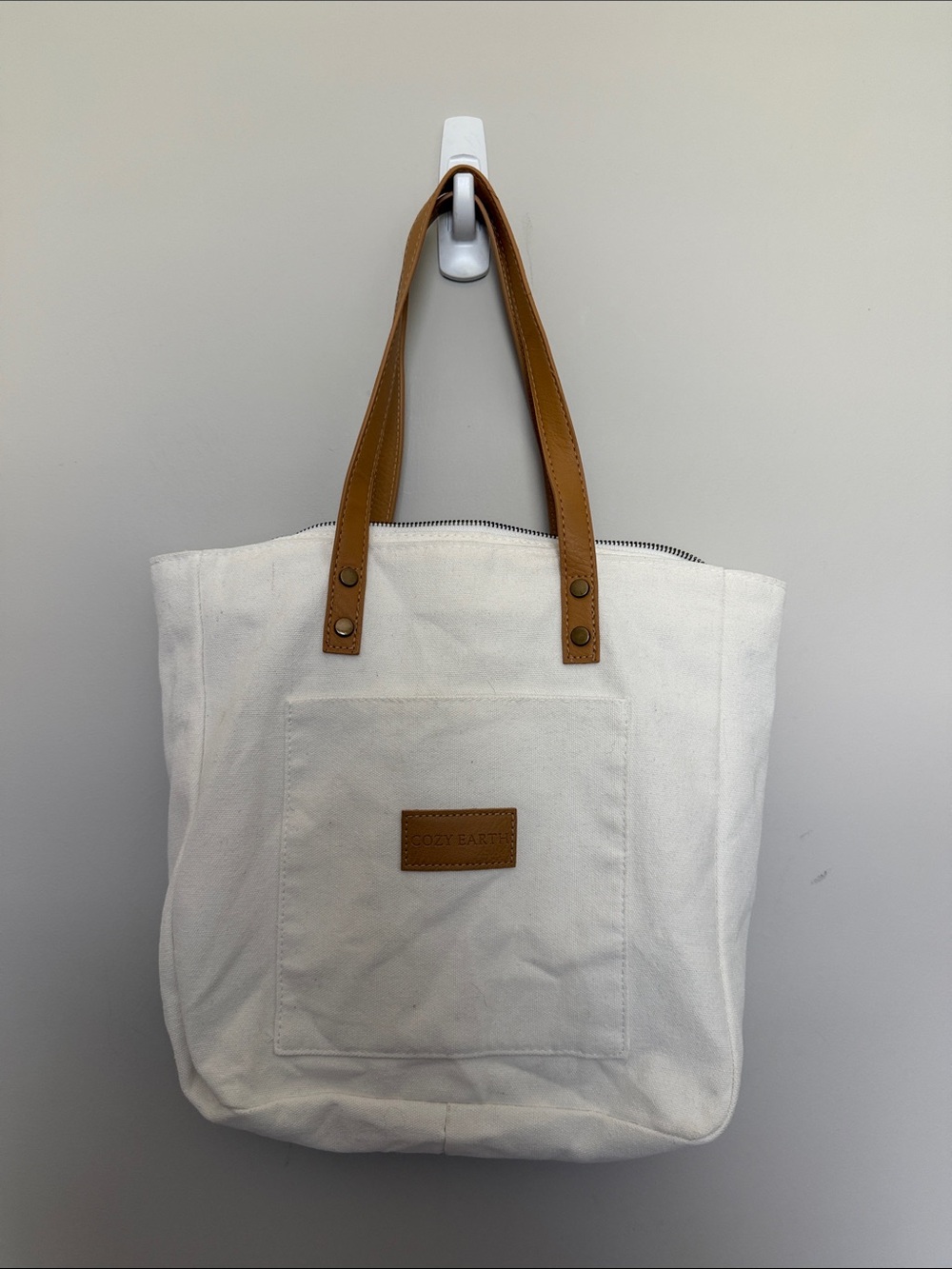 Cozy Earth Canvas Tote Bag with Tan Leather Handles - White